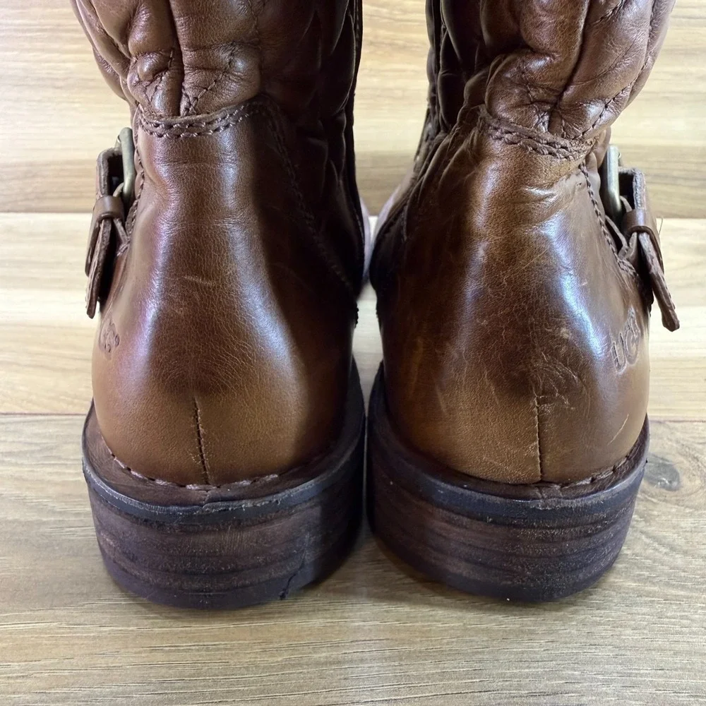 UGG Conor Mid Quilted Leather Boots 10 Buckle Biker Zip Boho Casual Mid Calf